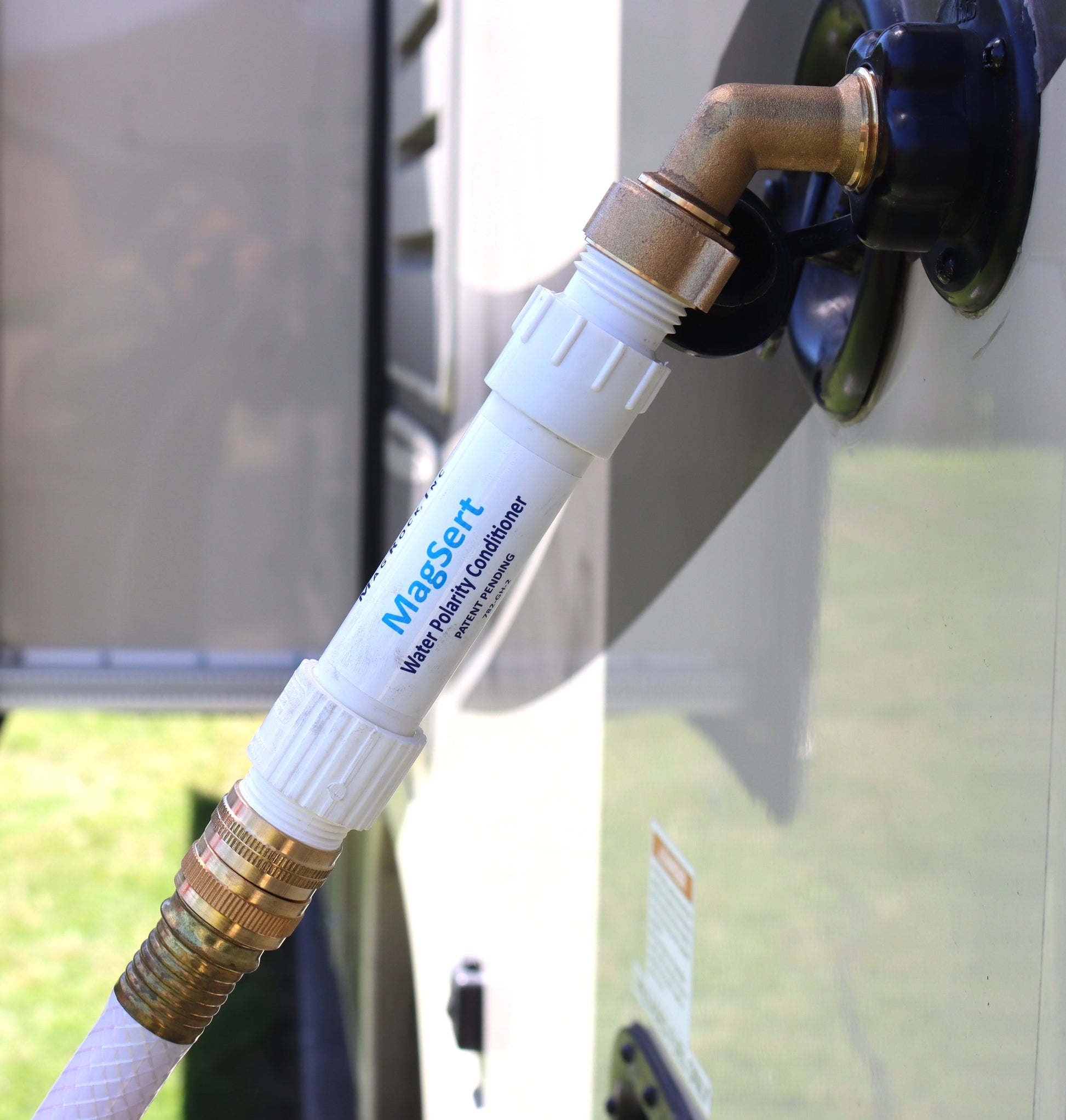 MagSert Hose on an RV line with a 45-degree elbow fitting