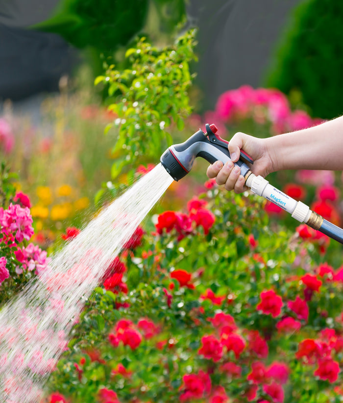 Watering garden flowers with a hose running through MagSert